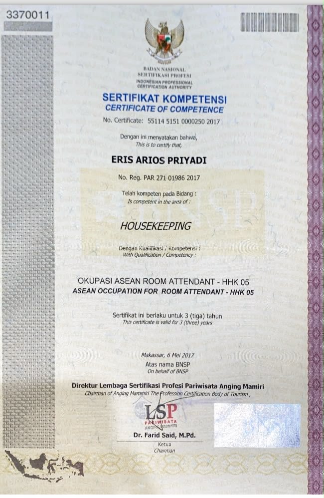 Sertifikasi Room Attendant